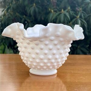 Vintage FENTON Crimped Hobnail Milk Glass Hand Made Bride's Bowl, Wedding Bowl